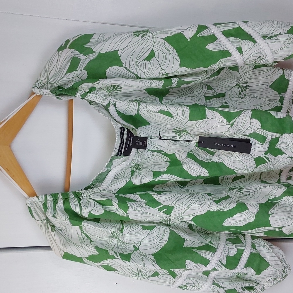 Tahari |Green White Floral Linen Boxy Cropped Top Resort Wear Mod Sz.XL - Picture 1 of 5